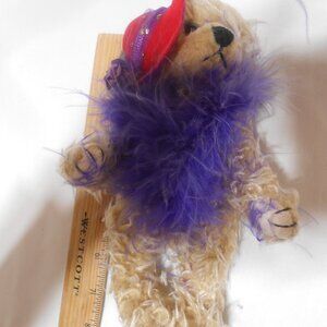 Red Hat Purple Feather Boa 8" Curly fur Teddy Bear fully jointed Plush EUC 🐻